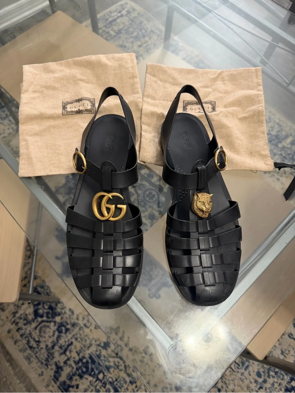 Gucci Black Jelly Fisherman Sandals with Gold GG & Cat Hardware